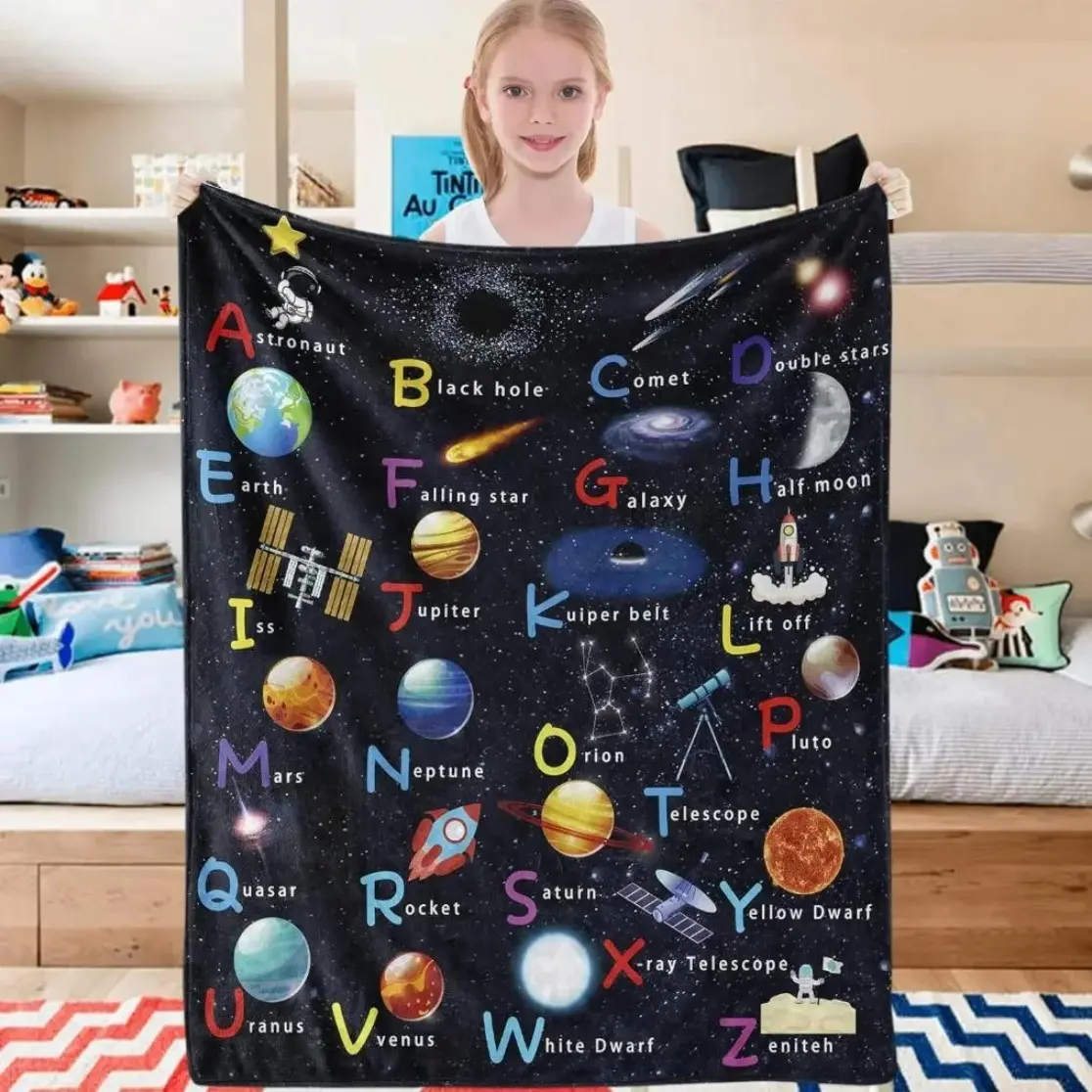 Kids Outer Space Astronaut Blanket, ABC Planet Blanket, Spaceship Rocket Blanket, Solar System Gift, Soft Flannel Blanket  Lightweight and breathable---Warm Haven Textiles