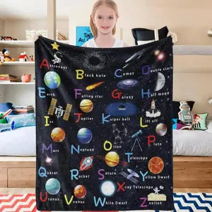 Kids Outer Space Astronaut Blanket, ABC Planet Blanket, Spaceship Rocket Blanket, Solar System Gift, Soft Flannel Blanket  Lightweight and breathable---Warm Haven Textiles