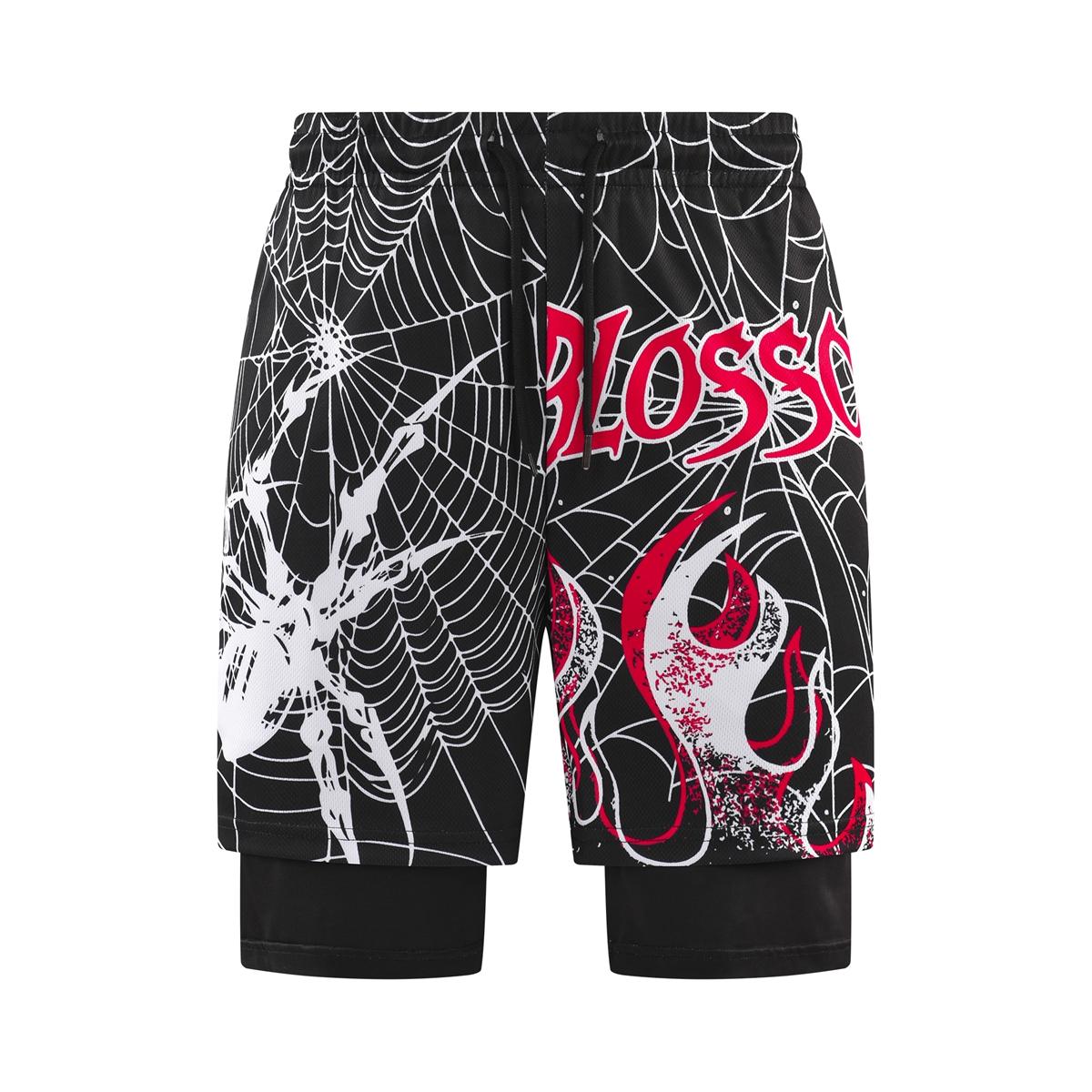 Edgy Graphic Mens Double Layered Athletic Short Gothic Spider Print Loose Fit Breathable Shorts for Daily Wear