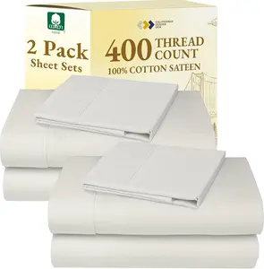 2-Pack Cotton Twin Sheet Sets - 400 Thread Count 100% Cotton Sateen - Extra Soft, Breathable & Cooling Sheets, Wrinkle Resistant, 2 Sets of Deep Pocket Bed Sheets - Ivory (Pale Tone) California Design Den