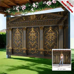 2D FLAT Banner, 1pc Gold Ornate Wall Panel Polyester background banner, Wall Hanging Backdrop, Home decoration for indoor and outdoor festivals such as Ramadan, Spring Easter, Valentines Day, and Eid al Fitr