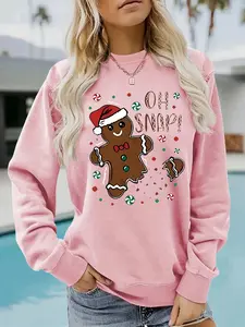 Women's Casual Christmas Gingerbread Pattern Pullover Sweater, Soft Long Sleeve Round Neck Sweatshirt, All-Season Wear