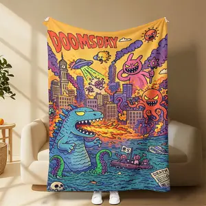Doomsday Monster Attack Cartoon Flannel Throw Blanket,Godzilla Kaiju Retro Doodle Art Soft Plush Warm Blanket, Cool Street Aesthetic Home Decor Unique Doomsday Creature Blanket,Cool Exclusive Gift For Street Art & Kaiju Lovers A gift suitable for children