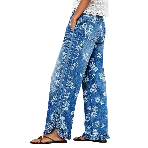 Flamingals Wash Floral Print Ruffle Split Hem Mid Rise Wide Leg Jeans Womenswear Stretchy 28.9" Inseam