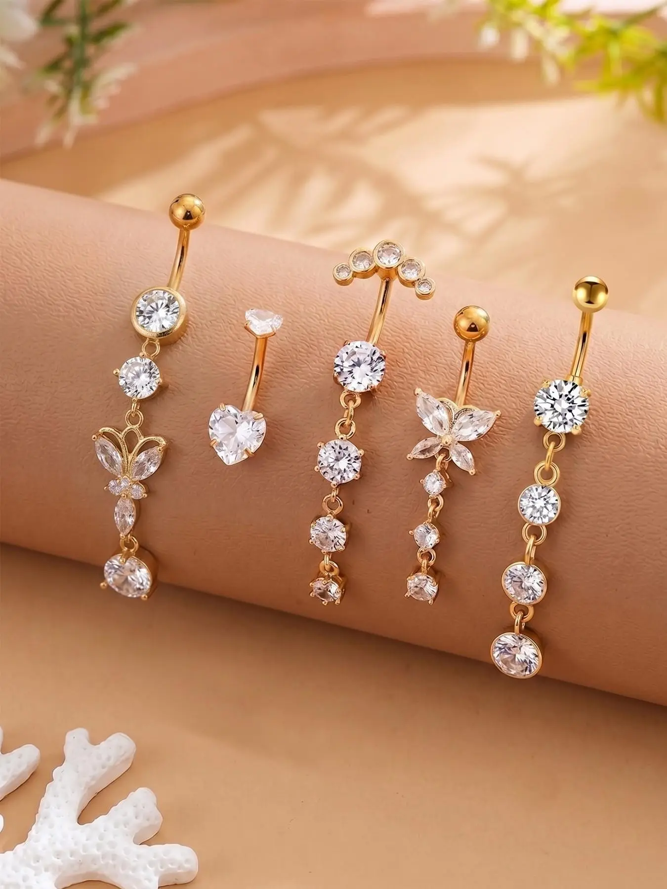 5-Piece Cubic Zirconia Belly Button Ring Set, Navel Ring, Butterfly Pendant, Crescent Shape, Stainless Steel, Durable, Sexy Glamour Body Piercing Jewelry for Women, Holiday Wear, Unique Accessory, Body Jewellery