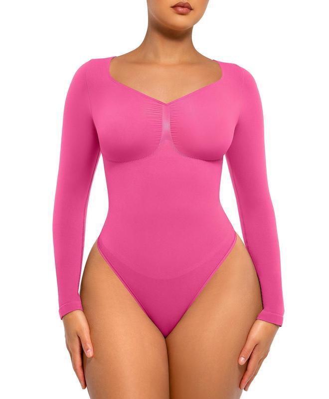 FeelinGirl Womenswear Seamless Long Sleeve Thong Bodysuit for Tummy Control V Neck Going Out Fabric Comfortable Casual shaper clothes TikTokShopBlackFriday