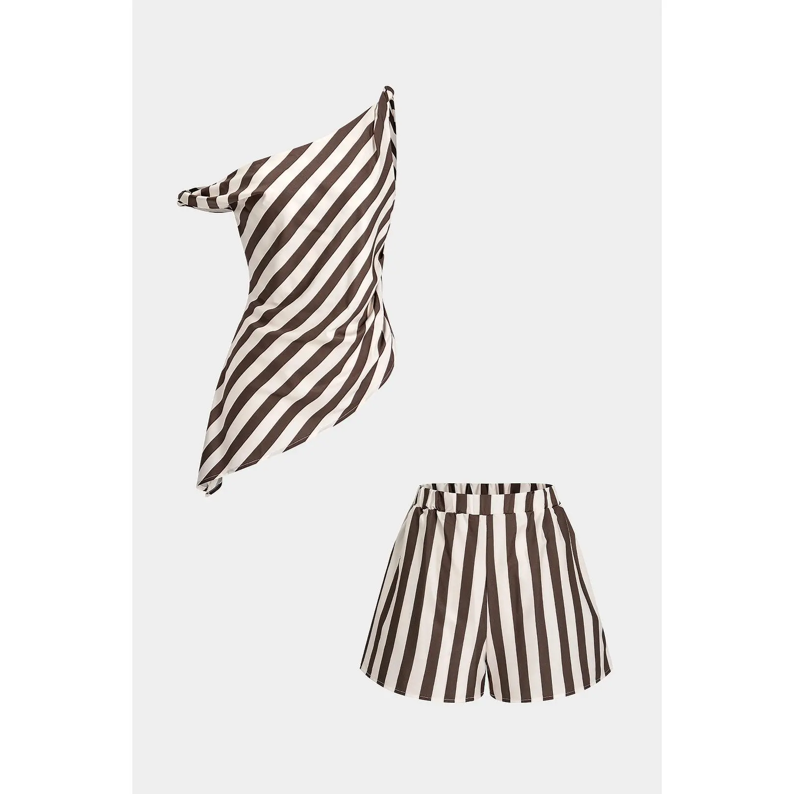 Stripes Print One Shoulder Twist Knot Tank Top And Shorts Set
