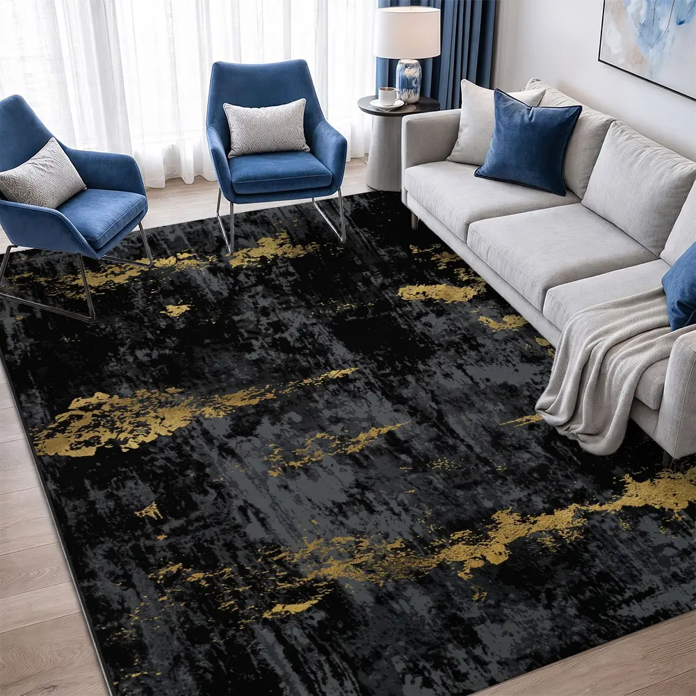 Modern Black and Gold Velvet Area Rug, Soft Abstract Living Room Carpet, Luxury Home Decor, Apartment Essentials