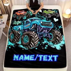 Personalized Cool Truck Flannel Blanket – Soft, Lightweight Parabola with Custom Name/Text – Vibrant Monster Truck Design, Suitable for Sofa, Bed, Travel, and Camping – 31.5x 47.2inch