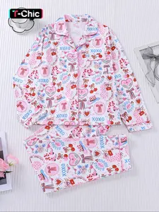 Women's Fall Winter Sleepwear Set, Leopard Bow Printed, Long Sleeve Open Front Top & Elastic Pants, Casual Home Wear Pajama Set