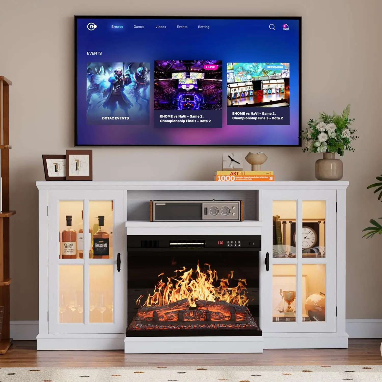 Furmax 65" Modern TV Console Table - LED Floating Entertainment Stand with 26" Panoramic Fireplace, Smudge-Resistant Glass, Floating Tv Stand