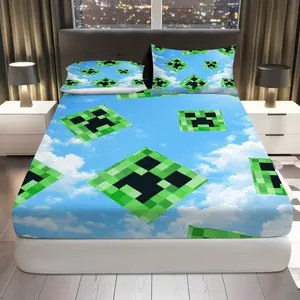 3Pcs Pixelated Green Sky Fitted Sheet Three Piece Set (1*Fitted Sheet+2*Pillowcases, Coreless), Festive theme, Gaming Bedding Set, Mattress protector Soft, Breathable