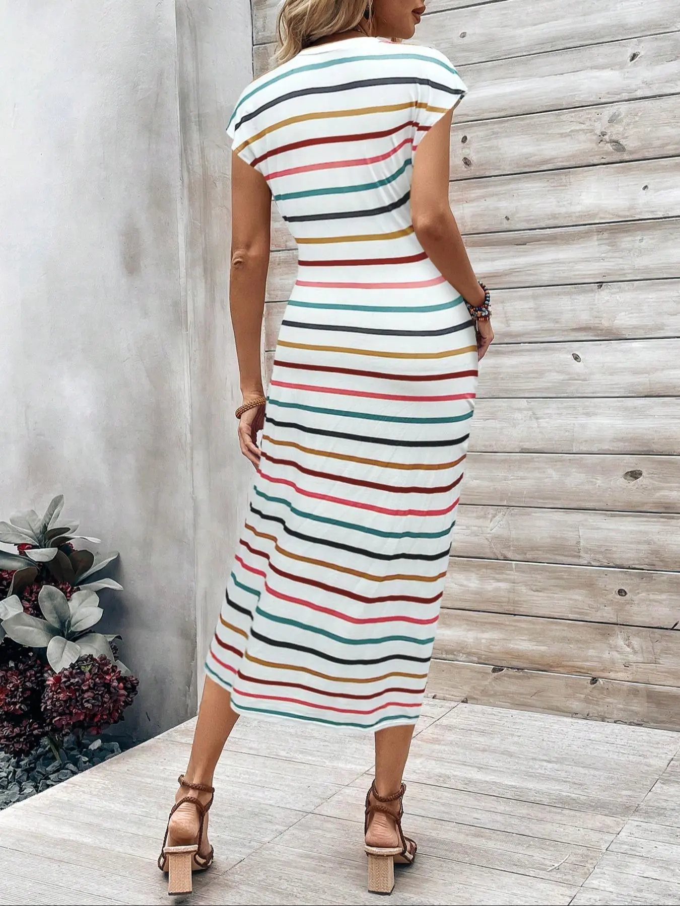 Women's Striped Print Tie Front Bodycon Dress, Casual Boho Elegant Batwing Sleeve Round Neck Long Dress, Women's Striped Print Tie Front Bodycon Dress, Casual Boho Elegant Batwing Sleeve Round Neck Long Dress,