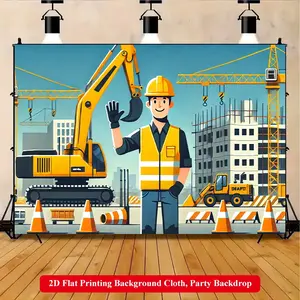 2D Flat Printing Backdrop Banner 1pc, Construction Worker Near Site Vibrant Polyester Background Cloth for Family Party, Wedding, Birthday, Christmas, Thanksgiving, Fall, Entryway, Room Decorations, Easy to Set Up, Reusable
