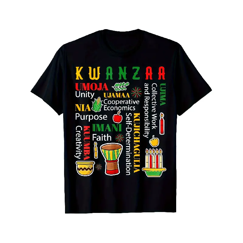 Men's Vintage Happy Kwanzaa African Celebration Graphic Tshirt - 180gsm Heavyweight 100% Cotton Cultural Top, Pan-African Colors, Drum & Unity Symbols, Shortsleeve Round Neck Streetwear, Universal Fit, Machine Washable Festival Casual Tee