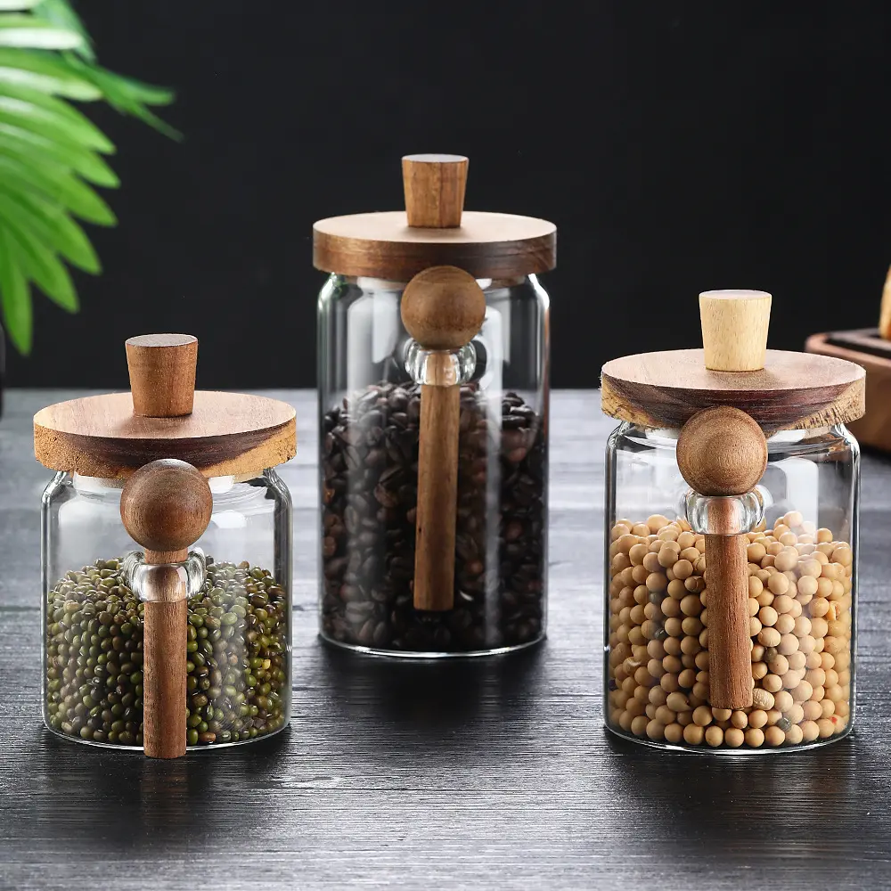 3‑Piece Glass Storage Jar Set with Airtight Wooden Lids Farmhouse ...