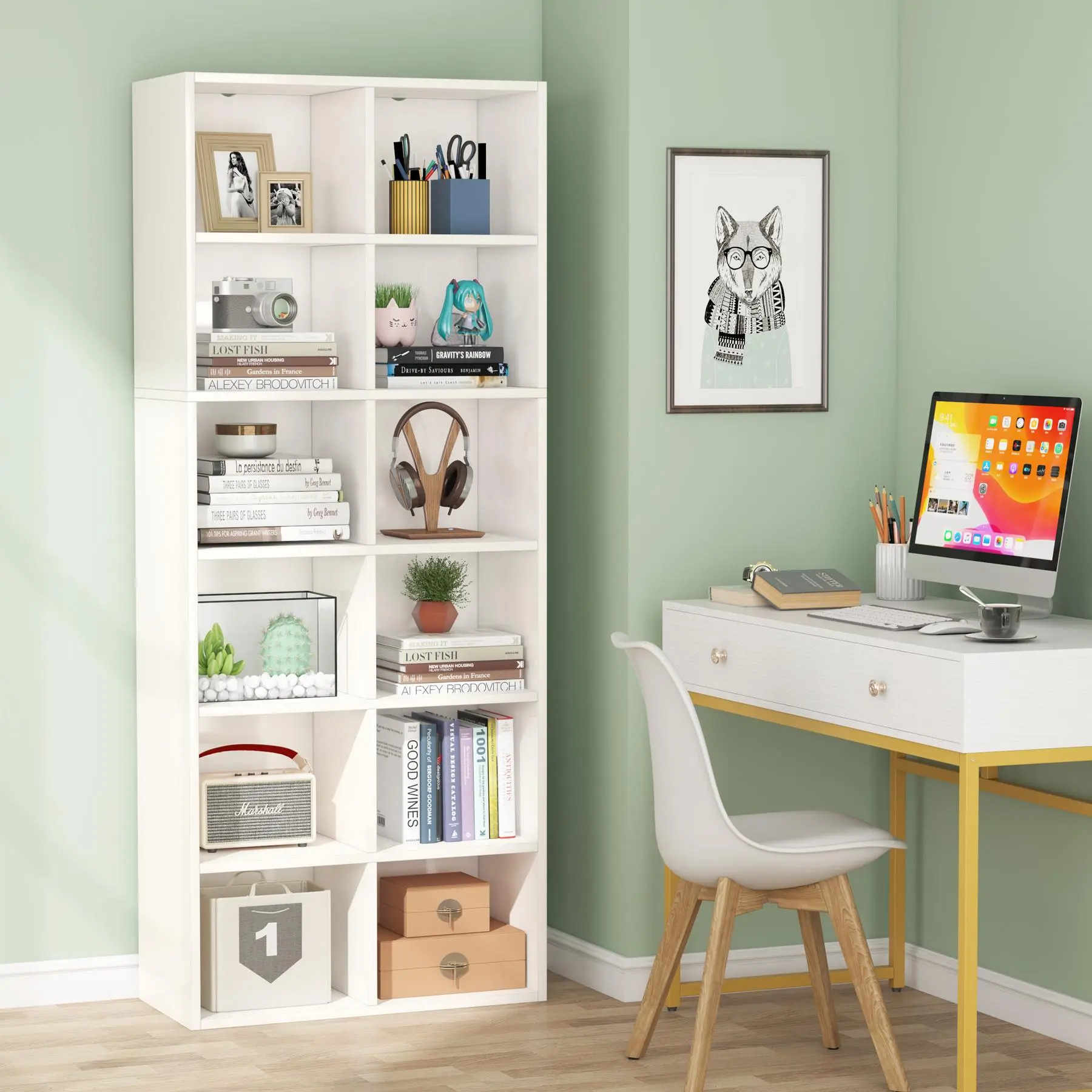 TRIBEWOOD 71.65 in Tall Narrow 12-Cube Cubby Shelf, White Modern Space-Saving Storage Unit for Home Office, 2-Way Install (Vertical or Horizontal) to Maximize Utility
