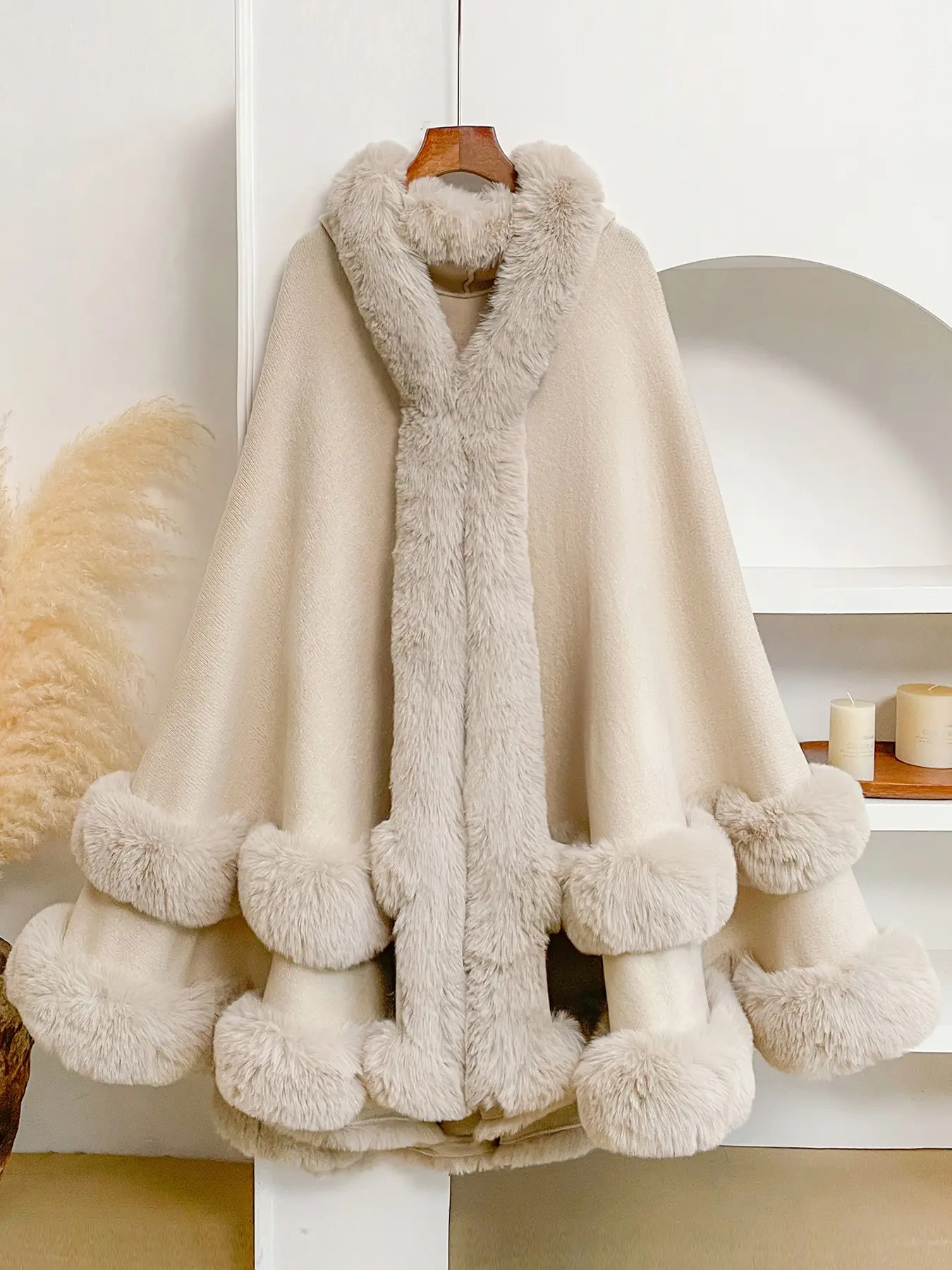 Luxury Plain Faux Fur Hooded Cape Shawl, Warm and Comfortable for Air-Conditioned Rooms, Ideal for Home and Party Use