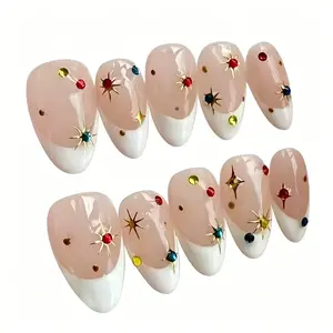 Women's Summer Nail Art Set, 10pcs Press On Nails Removable & Adhesive Design, Almond Shaped, Hand Painted French Edge, Gold Starlight Stickers, Decorative Elements