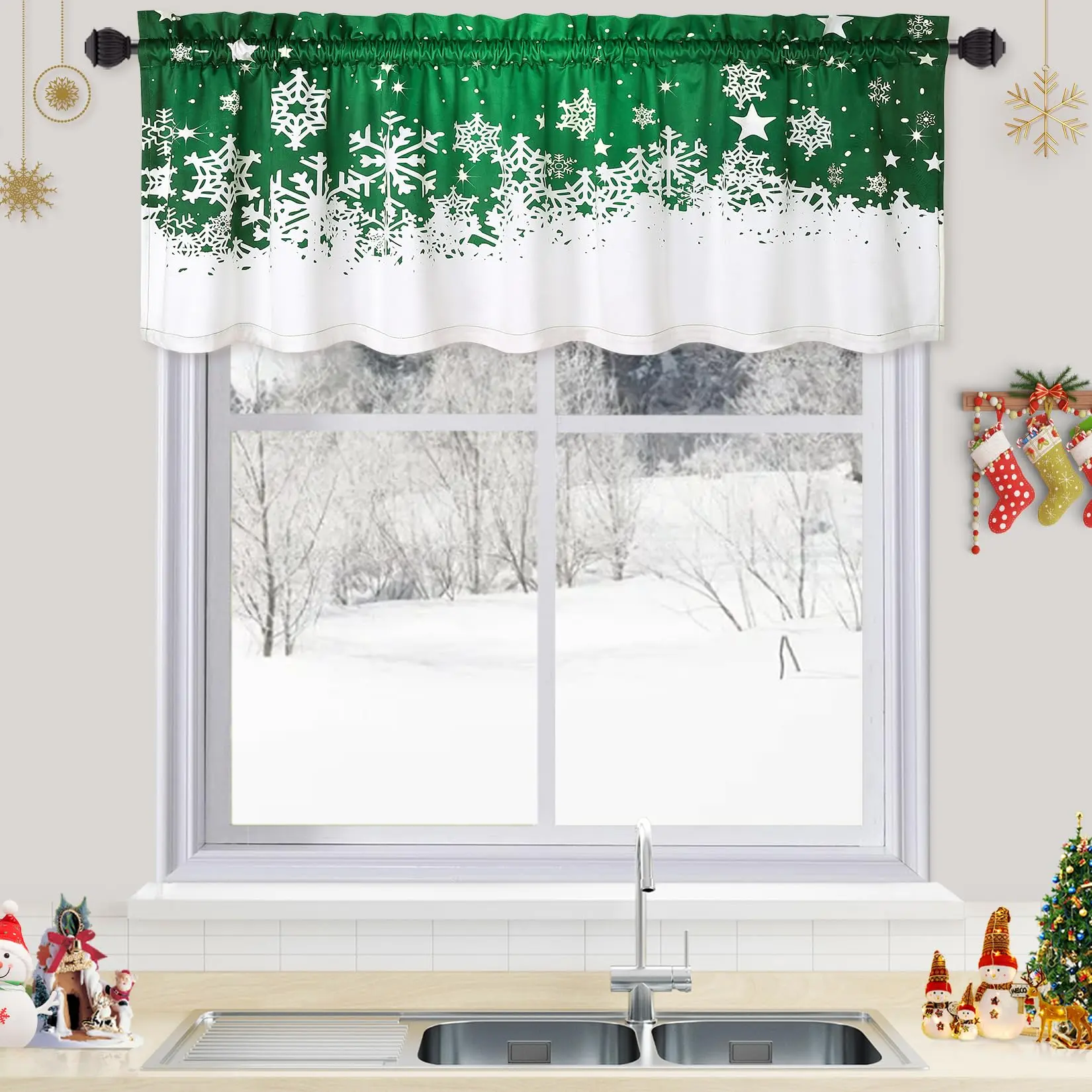 GARVEE Christmas Kitchen Curtains Collection: Elegant Green and Red Velvet Short Curtains with Floral Snowflake Designs, Thermal Insulated, Perfect for Windows in Various Sizes (Set of 1 or 2)