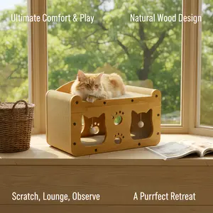 Cat Beds for Indoor Cats，Wooden Cat Scratcher House & Cardboard Condos， Cat Scratcher House for Indoor Pets, Cardboard House With Scratching Board, Hanging Ball Toy and Pad, Large Space Bed Furniture for Multiple Felines