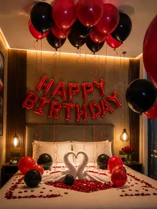 39pcs Red & Black Happy Birthday Balloon Set, 18" Love-Shaped Foil Balloons, Red & Black Latex Balloons, Romantic Party, Birthday, Anniversary, Christmas Party Decorations