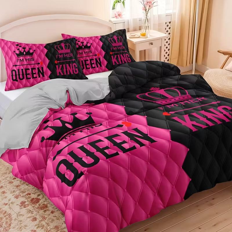 3-piece couple style king and queen printed duvet cover set, Bedroom Bedding Set, Valentine's Day elements, including 1 duvet cover and 2 pillowcases (excluding the core), suitable for all seasons, creating romantic bedroom couple bedding