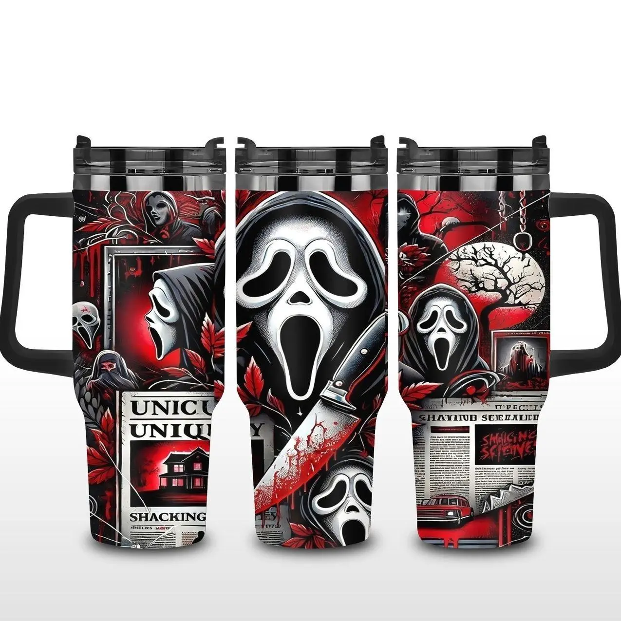 Ghostface Scream 40oz Tumbler with Handle & Straw, Horror Movie Stainless Steel Insulated Travel Mug, Ghost Face Slasher Halloween Cup, Keeps Drinks Hot & Cold, Reusable Coffee Tumbler, Halloween Gift for Horror Fans, Collector Edition Drinkware