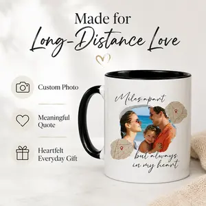 Personalized Long Distance Photo Mug Custom Miles Apart Coffee Cup with Map & Message | Gift for Couples Family Parents Friends