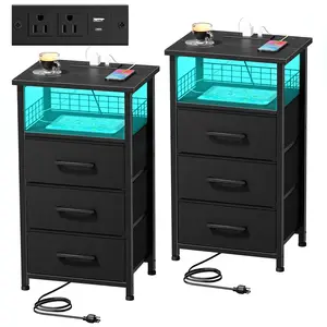 Modern LED Nightstand with Charging Station 3-Drawer Bedside Table with USB Ports & Outlets for Bedroom Living Room or Office