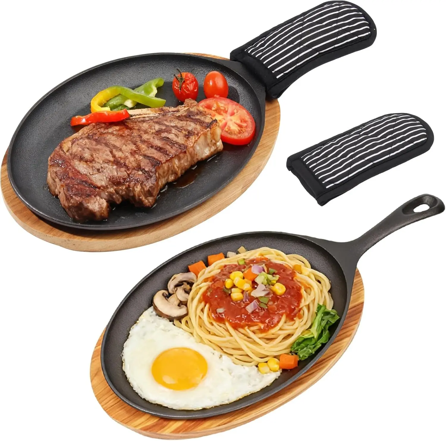 2 Sets Cast Iron Fajita Skillet Sizzling Plate with Wooden Base & Anti Scald Hot Handle Cover for Home Barbecue Kitchen Party Restaurant Catering Service