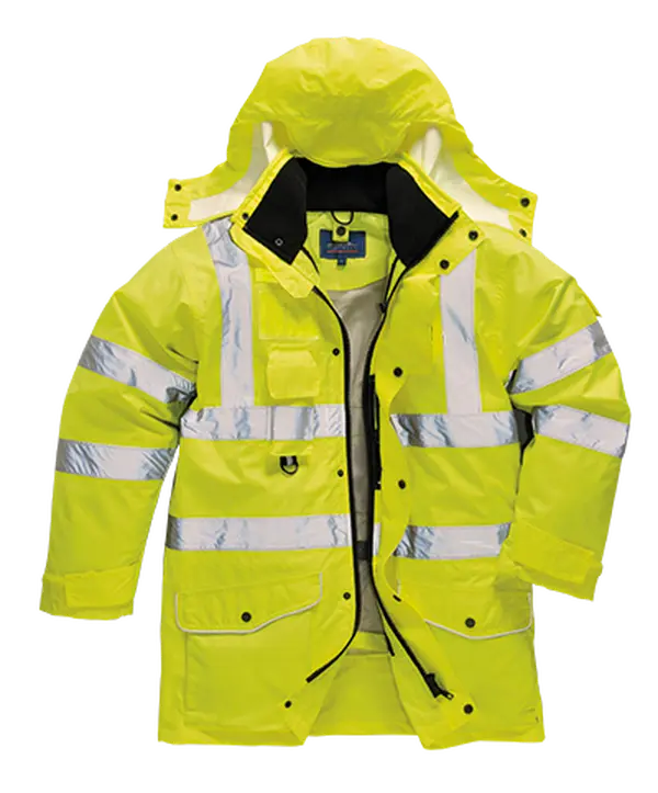 Portwest US427 Hi-Visibility 7-in-1 Workwear Traffic Jacket - Long Sleeve, Water Resistant, Reflective Tape, Badge Holder, Detachable Inner Vest, Durable, 4.32 lbs, Yellow, Medium Size Regular, Clearer Visibility, Nylon Mesh