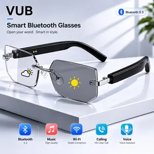 Smart Glasses Rimless Smartglasses with Bluetooth Speaker,Remote Control Photo Taking/Indoor Protection Voice Control (Anti-Bluelight Lenses)