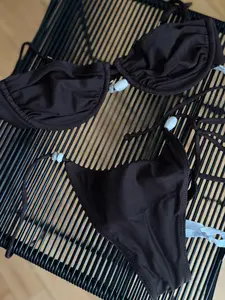 Women's Bikini Two-Piece Set, Pure Color Beaded Design, Low-Waist Tie-Up Style, Fashionable & Sexy Swimwear for Holiday Beach Pool Party