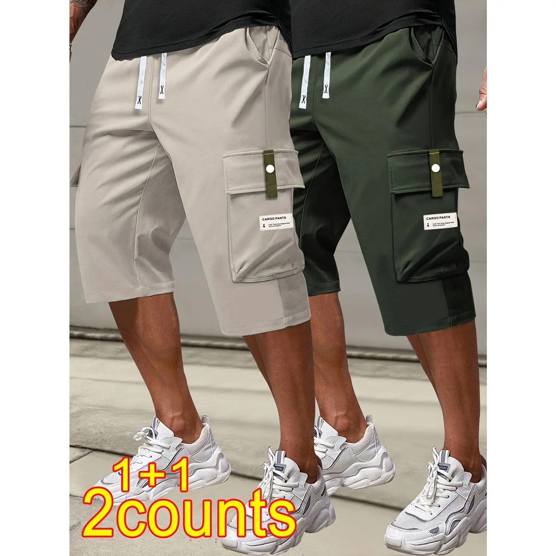 HIDKAT Men's Retro All-Season 2-Piece Shorts Set, Polyester Activewear with Cargo Pockets, Letter Patches, and Drawstring Waist, Menswear, Holiday, Sport, Chic, Athletic, All Seasons, Fitted Cut, Sportswear, Preppy, Casual, Retro Chic