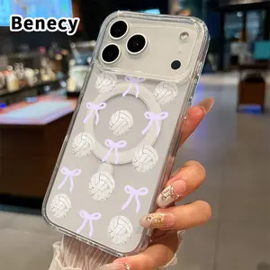 Clear Magnetic Case for iPhone 17 16  Pro Max Plus 15 14 13 12 11 Air E Volleyball & Bow Tapestry  Pattern Acrylic Hard Back Soft Silicone Edge Bumper Sockproof Cover