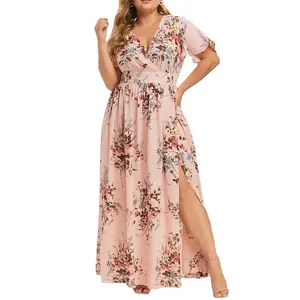 2025 women's long dresses summer plus size women's print bohemian style flowing hem floral slit beach wedding guest long dress(Sheet)