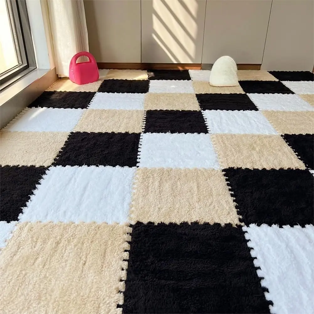 12 Pack Plush Foam Floor Mat Square Interlocking Carpet Tiles with Border Fluffy Play Mat Floor Tiles Soft Climbing for Bedroom Playroom, Home Decor Rugs