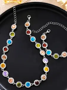 Women's Fashion Colorful Zircon Necklace Bracelet Set, Trendy Matching Jewelry Set, High Class Sparkling Jewelry Set, Elegant Accessories for All Occasions