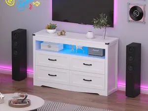 Rustic Nightstand with Charging Station，Dresser for Bedroom with 4 Drawers, Farmhouse Chest of Drawers with Natural Texture and LED Lights, Wide Wood Rustic Closet Storage Organizer, Modern Dresser TV Stand for Living Room, Entryway, White