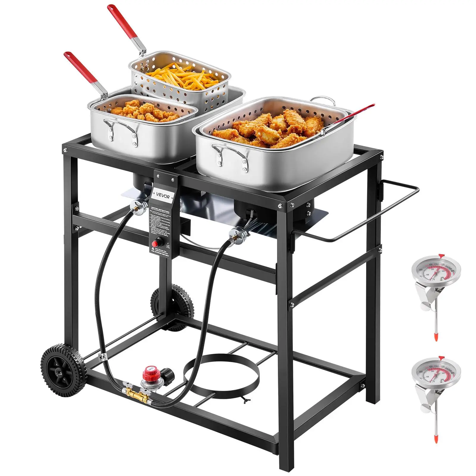 【summerfinds】VEVOR Outdoor Propane Deep Fryer, Summervibes, Dual-Tank 18QTx2 Commercial Fryer, Multi-Purpose Portable Frying Cart with Wheel, 3 Basket, 2 Thermometer, Stainless Steel Cooker for Fish Fry Wings Fries, 40,000 BTU