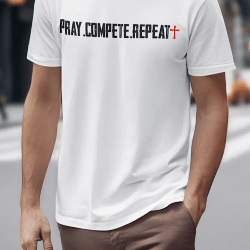 PRAY COMPETE REPEAT White T-Shirt with "PRAY.COMPETE.REPEAT" Text Design button front