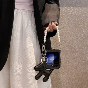 Matte leather protective shaft | Side hanging puppy pearl chain | PC solid color | Folding screen protective cover | Best friend gift | for Samsung Galaxy Z Flip 4 5 6 7 | Protector