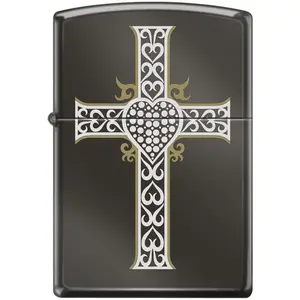 Zippo Lighter Heart & Cross Black Ice Elegant Design Made in USA Lifetime Warranty Eco-Friendly Gift Box Metal Material