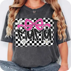 Retro Pink Mama Coquette Bow T-Shirt - Comfort Colors, Mama Checkered Varsity Shirt, Mother's Day Gift for Mom, Cotton Fabric Soft Top