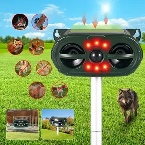 Solar-powered ultrasonic animal repeller for outdoor cats, rabbits, squirrels, dogs, coyotes, skunks, raccoons, foxes. Deterrent light animal repeller with motion sensor, suitable for gardens and yards.