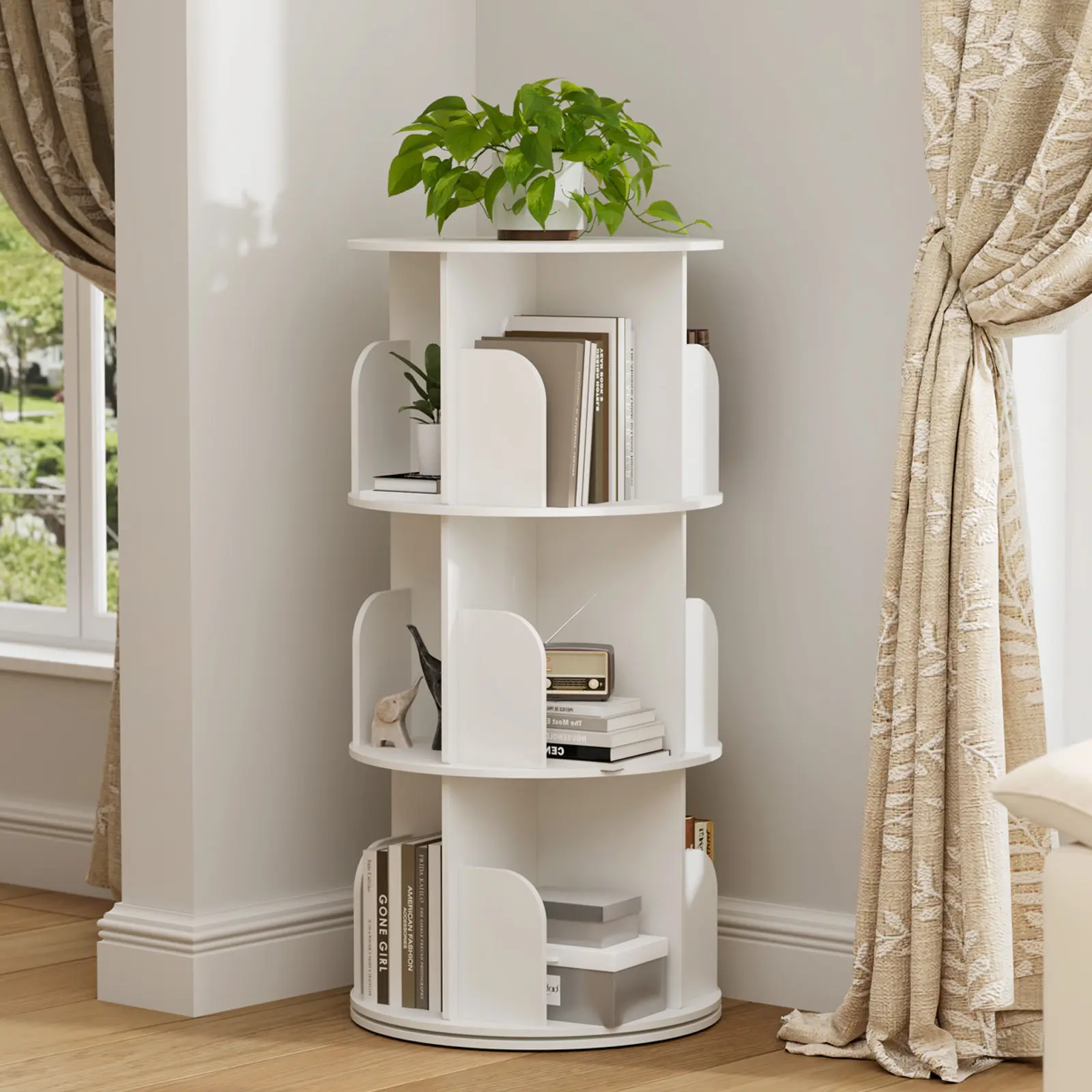 3/4/5-Tier Rotating Bookshelf, 360° Spinning Round Book Storage Rack, Space-Saving Freestanding Corner Bookcase for Kids Bedroom Living Room, Holds Books Toys Plants & Decor