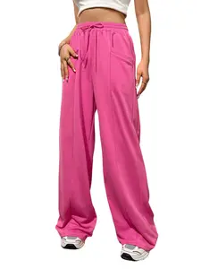 DUTUT Women's Rose Red Sweatpants Jean with Pocket Smocked Waist Elastic Drawstring Loose Fit Baggy Trouser Chic Bottoms