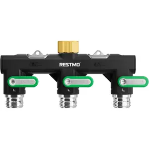 Restmo 3 Way Full Metal Garden Hose Splitter Heavy Duty, Heavy Flow Faucet Adapter with Extra-Wide Ports Diameter & Extended Shut-Off Handles, 3/4 Inch GHT Thread for Outdoor Faucet Spigot - Green