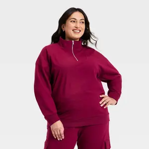 Women's French Terry Pullover Mockneck Sweatshirt - Ava & Viv Burgundy 1X